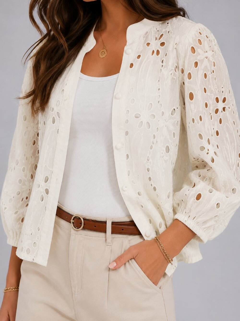 Women’s White Eyelet Blouse Cotton Deep V Neck Balloon Sleeve Button Down Top - Picture 4 of 4